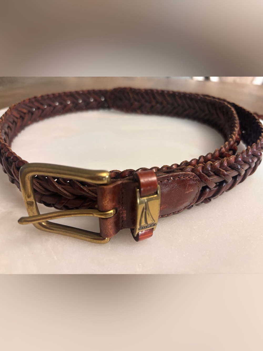 Brown Leather Braided Men's Belt with Brass Buckle